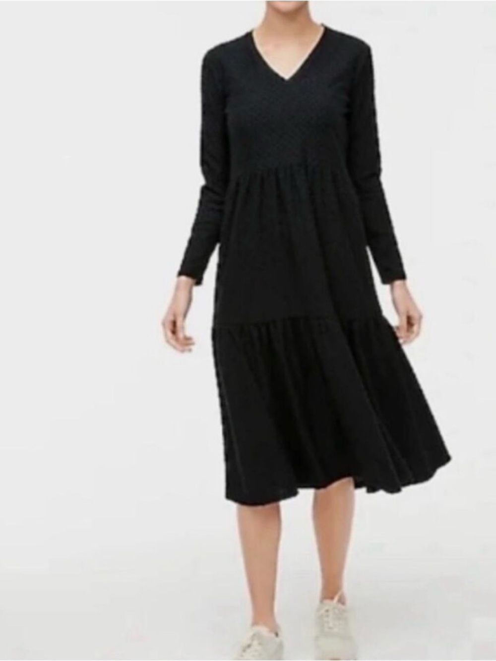 J. Crew Black V-Neck Long Sleeve Tiered Midi Dress
